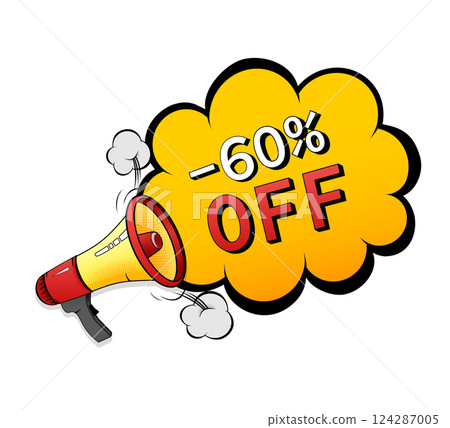 60 percent off. Comic illustration. Discount tag. Percent sign. Vector illustration on white background 60 percent off. Comic illustration. Discount tag. Percent sign. Vector illustration on white background 124287005