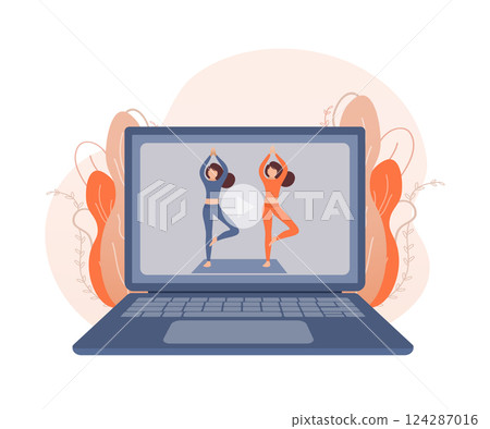 Woman doing yoga fitness exercises on laptop screen. Beautiful woman doing yoga at home from online class yoga. Vector illustration. 124287016