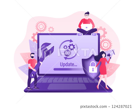 Cartoon software update people for mobile app design. Isometric vector illustration. Mobile application design. Technology network vector illustration. 124287021