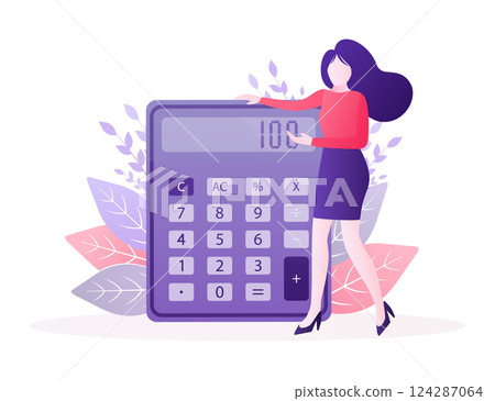 Cartoon character. Cartoon character calculator girl. Vector illustration. 124287064