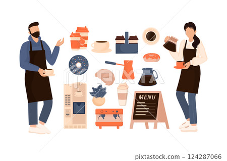 Flat character coffee shop barista. Vector illustration flat design. Vector infographic illustration. Cartoon male barista or waiter standing near menu board. 124287066