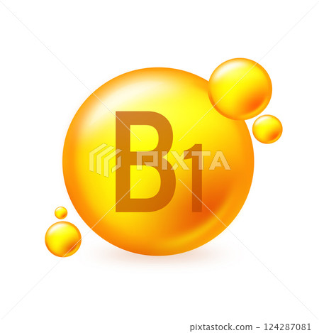 Vitamin B1 gold shining pill capcule icon. Pill capcule vector illustration on white isolated background 124287081