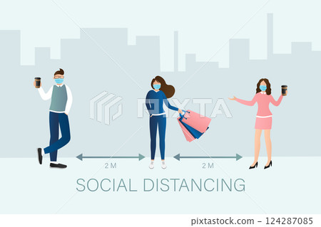 Social distancing people in flat style. Medical prevention. Illustration for medical design. Vector illustration. 124287085