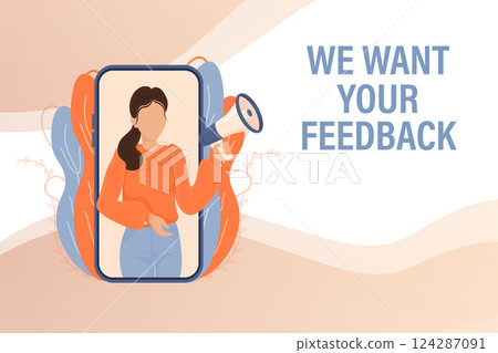Template with we want your feedback man holding megaphone on red background for flyer design. Vector illustration in flat style. Template with we want your feedback man holding megaphone on red background for flyer design. Vector illustration in flat style. 124287091