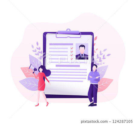 Resume people in flat style. Mobile app application. Flat isometric vector illustration. Laptop screen. Vector data. Resume people in flat style. Mobile app application. Flat isometric vector illustration. Laptop screen. Vector data. 124287105