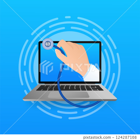 Flat illustration with online doctor. Doctor consultation. Vector illustration flat design. Video chat. Flat illustration with online doctor. Doctor consultation. Vector illustration flat design. Video chat. 124287108