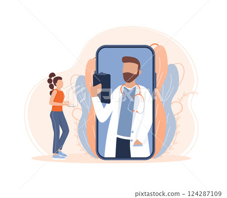 Flat illustration with online doctor. Doctor consultation. Vector illustration flat design. Video chat. Flat illustration with online doctor. Doctor consultation. Vector illustration flat design. Video chat. 124287109