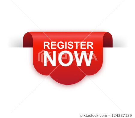 Register now red ribbon isolated on white background. Red label, banner for any purposes. Vector illustration. Register now red ribbon isolated on white background. Red label, banner for any purposes. Vector illustration. 124287129