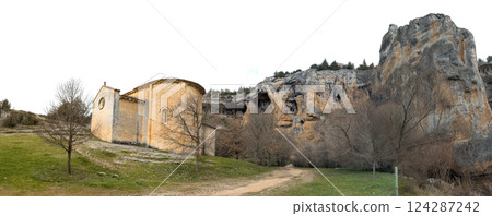 Ancient Church Landscape with Rocky Cliffs and Trees 124287242