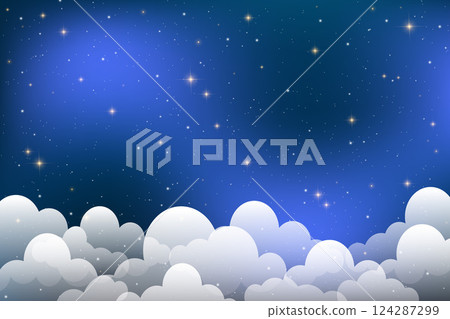 Glowing night sky filled with sparkling stars, blue gradient, and soft clouds, creating a magical celestial fantasy backdrop. Vector cosmic illustration of outer space 124287299