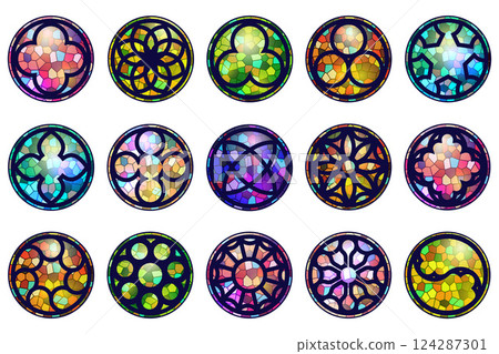 Gothic circle rose window with medieval ornament. Cathedral and castle rosettes on white background. Christian architecture elements with color stained glass. Radial vector frames set. 124287301