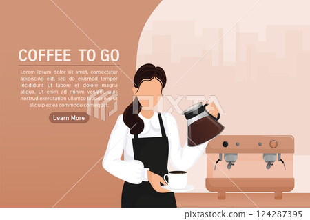 Flat illustration with coffee to go people. Cartoon barista illustration. Characters with drink in paper cup. Shop, drink, coffee to go concept. Flat illustration with coffee to go people. Cartoon barista illustration. Characters with drink in paper cup. Shop, drink, coffee to go concept. 124287395