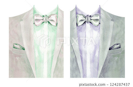 Men's jacket with shirt, tie, handkerchief. Watercolor template of men's wardrobe. Guide to color combinations of suit and tie. Fashionable gentleman's clothes for wedding, prom. 124287437