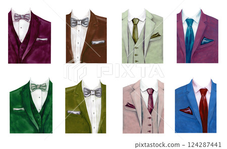 Men's jacket with shirt, tie, bow tie and handkerchief. Watercolor template of men's wardrobe. Guide to color combinations of men's suit and tie. Fashionable gentleman's clothes for wedding, prom. Men's jacket with shirt, tie, bow tie and handkerchief. Watercolor template of men's wardrobe. Guide to color combinations of men's suit and tie. Fashionable gentleman's clothes for wedding, prom. 124287441