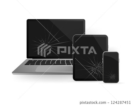 Modern illustration with broken glass laptop for concept design. Support service icon. Smartphone screen. Laptop screen. Isolated object. Internet technology. Modern illustration with broken glass laptop for concept design. Support service icon. Smartphone screen. Laptop screen. Isolated object. Internet technology. 124287451