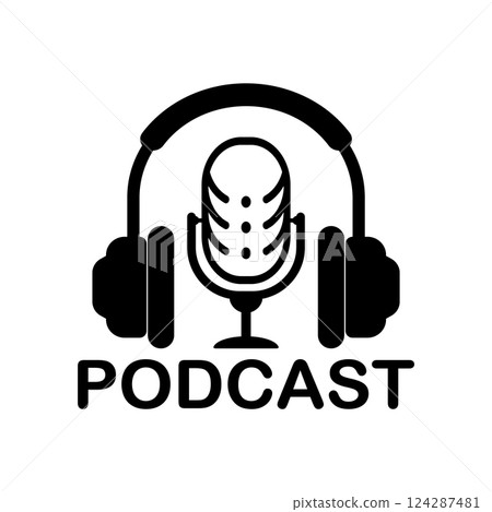 Podcast radio icon illustration. Studio table microphone and headphones. Webcast audio record concept logo. 124287481