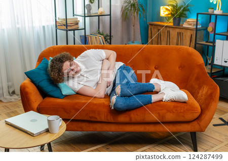 Man having symptom poisoning diarrhea indigestion peptic ulcer pancreatitis stomach ache gastritis 124287499
