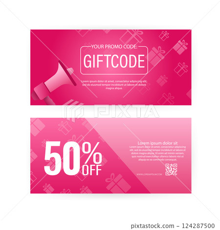 Different Modern birthday card with red giftcode for banner design. giftcode in modern style. Christmas banner. Vector design. Special offer sale template. Coupon ticket card. 124287500