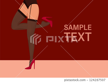 Cartoon flat legs template on white background. Cross-legged legs of girl in high-heeled red shoes. Beauty logo Cartoon flat legs template on white background. Cross-legged legs of girl in high-heeled red shoes. Beauty logo 124287507