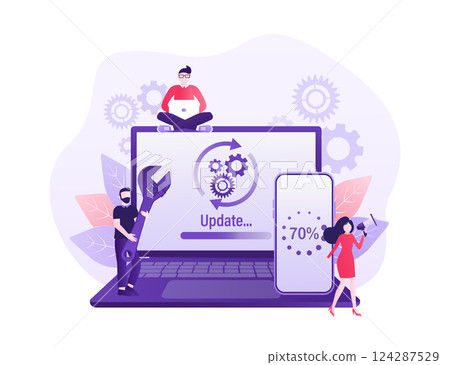 Cartoon software update people for mobile app design. Isometric vector illustration. Mobile application design. Technology network vector illustration. 124287529