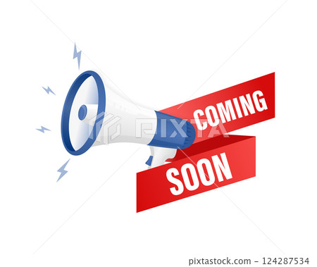Coming soon megaphone on white background for flyer design. Vector illustration in flat style. 124287534