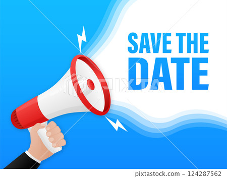 Template with blue save the megaphone on white background for flyer design. Vector illustration in flat style. 124287562