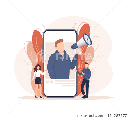 Flat advertising with people smartphone megaphone. Flat advertising. Social media marketing. Phone icon vector. 124287577