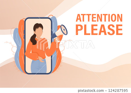 Flat illustration with attention people for concept design. Woman shout at the megaphone. Pay attention concept. Flat illustration. Vector illustration. Flat illustration with attention people for concept design. Woman shout at the megaphone. Pay attention concept. Flat illustration. Vector illustration. 124287595