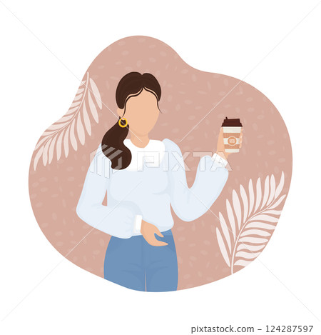 Girl with coffee in sketch style. Vector art illustration. Fashion print. Funny party. Vector art illustration. Girl with coffee in sketch style. Vector art illustration. Fashion print. Funny party. Vector art illustration. 124287597
