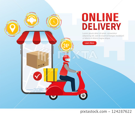 Flat infographic with red online delivery for mobile app design. Food delivery service. 124287622