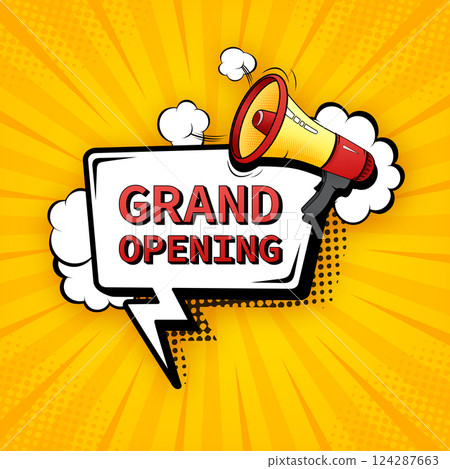 Grand opening megaphone. Pop style illustration. Celebrate party. Party flyer 124287663