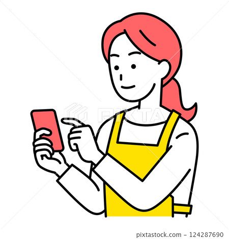 操作智能手機的圍裙的一名婦女 124287690