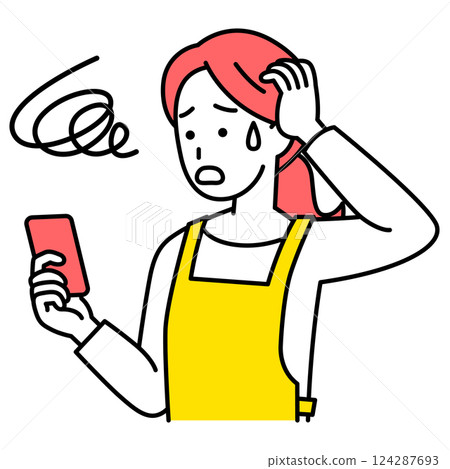 一名身穿圍裙的女子對著智慧型手機螢幕感到困惑 124287693