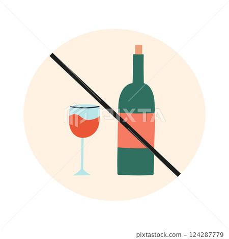 Round icon with prohibition sign, crossed out wine bottle and glass icon. Vector illustration on alcohol free lifestyle, healthy habits, addiction prevention, wellness, no alcohol, healthy living Round icon with prohibition sign, crossed out wine bottle and glass icon. Vector illustration on alcohol free lifestyle, healthy habits, addiction prevention, wellness, no alcohol, healthy living 124287779