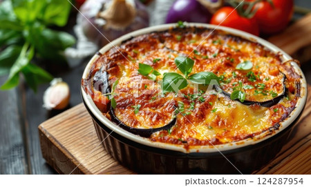 Golden-baked eggplant moussaka with cheese, herbs, and tomato sauce.Traditional Mediterranean dish garnished with fresh basil 124287954