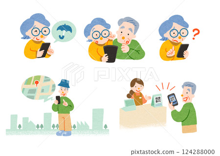 Illustration set of seniors using smartphones 124288000