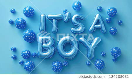 Blue background with metallic balloons in the shape of the words "it's a boy". Waiting for the baby Blue background with metallic balloons in the shape of the words "it's a boy". Waiting for the baby 124288081