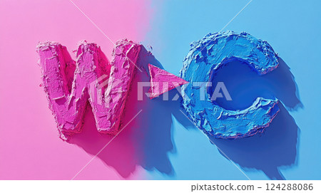 A toilet direction indicator with pink and blue WC symbol with an arrow. 124288086