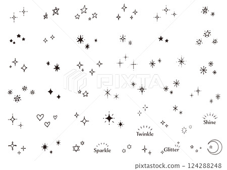 Set of hand-drawn sparkling marks, shiny, light, icons, black 124288248