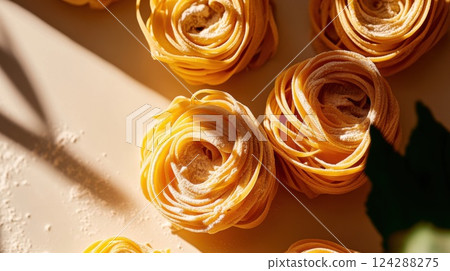 Close-up of fresh handmade tagliatelle pasta nests dusted with flour. Golden yellow tones highlight the artisanal texture in warm natural sunlight 124288275