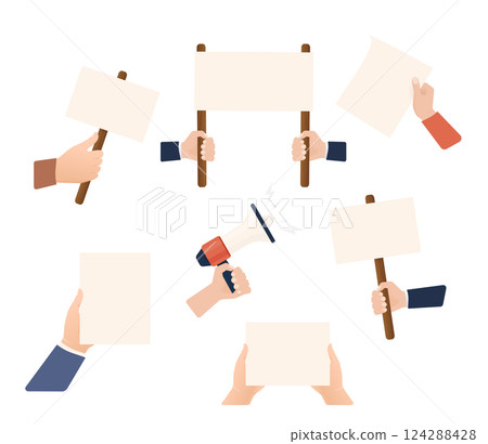 Hands with empty placard. Flat character. Vector flat design. Poster banner design. Female hand. Game sign. 124288428