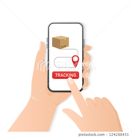 Tracking package smartphone. Online delivery service concept, online order tracking. Vector illustration. Tracking package smartphone. Online delivery service concept, online order tracking. Vector illustration. 124288431