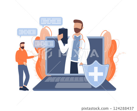 Flat illustration with online doctor. Doctor consultation. Vector illustration flat design. Video chat. 124288437