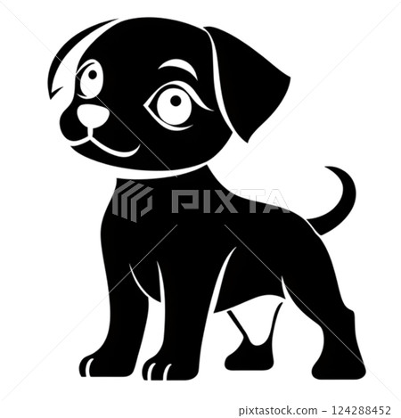 Cute and playful logo featuring cartoon dog with big eyes and friendly expression. This design captures essence of joy and companionship, perfect for pet related brands 124288452