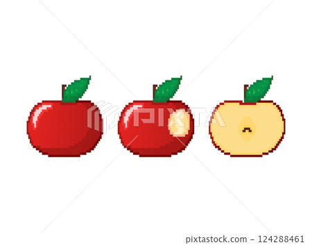 Classic abstract illustration with red pixel and bitten apple for game design. Pixel vector illustration. Abstract background 124288461
