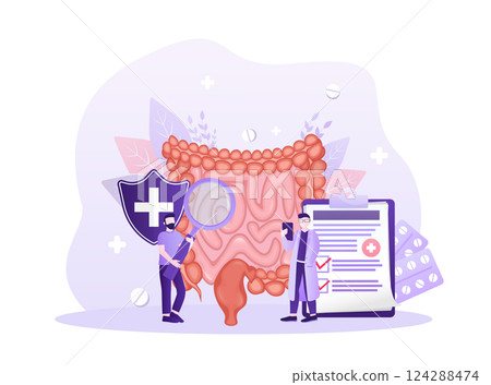 Cartoon vector illustration. Flat vector illustration with intestines, digestive system concept. Characters. 124288474