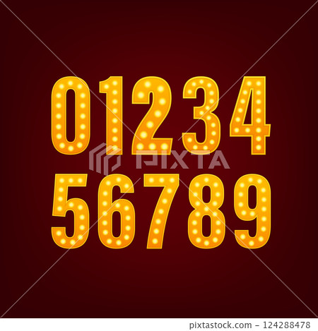 Number light on dark background. Golden metal number. Blue background. Festive vector illustration. 124288478