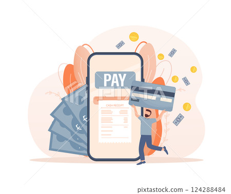 Mobile payment people. Flat isometric vector illustration. Qr code, mobile device. Bank online. Vector illustration design. Mobile payment people. Flat isometric vector illustration. Qr code, mobile device. Bank online. Vector illustration design. 124288484