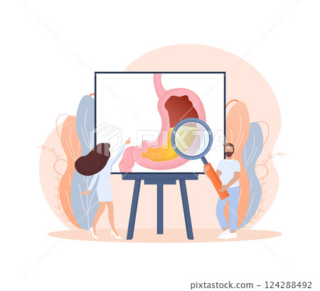 Cartoon vector illustration. Flat vector illustration with intestines, digestive system concept. Characters. 124288492