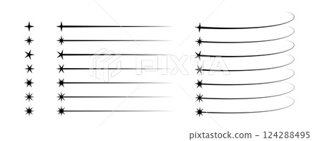 Falling star shape. Comet trail icons set. Abstract shooting star. Cosmos asteroid tail. Comet tail. Design element. Flying meteor silhouette. Vector illustration isolated on white background Falling star shape. Comet trail icons set. Abstract shooting star. Cosmos asteroid tail. Comet tail. Design element. Flying meteor silhouette. Vector illustration isolated on white background 124288495